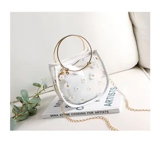 Détail du sac à chaîne transparent marguerite avec poignées rondes en métal doré et pochette