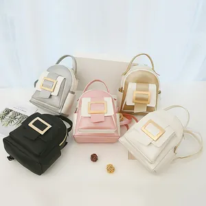 Women's Mini PU Leather Backpack Contrast Color Small Handbag With Gold Square Buckle Fashion Casual Travel Daypack