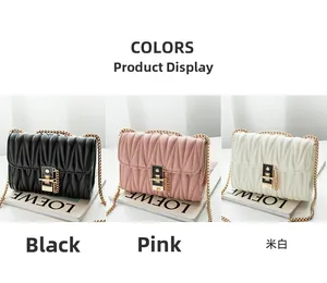 Chic quilted crossbody bags in black, pink, and off-white with gold chain straps