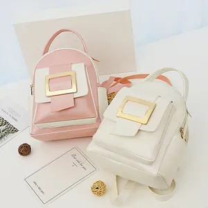 Minimalist mini PU leather backpack for women with a square gold clasp in pink and white