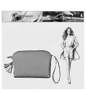 Dettaglio della pochette metallizzata argento con nappa e processo di design artigianale