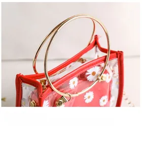 Détail du sac en PVC transparent avec motif marguerites, bord rouge et anneau doré