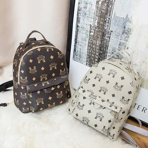 Mini Sac à Dos Femme en Cuir PU Imprimé Monogramme Sac à Bandoulière Multifonctionnel Rétro Vintage Petit Daypack Mode