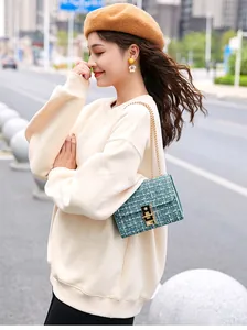 Detail of green and white tweed crossbody bag featuring gold metal chain and lock buckle