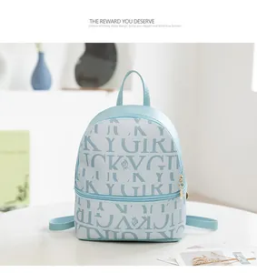 Detalle de mini mochila azul claro con estampado LUCKY GIRL y bolsillo con cremallera
