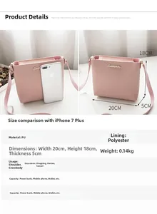 Pink PU leather crossbody bag dimensions 20x18x5cm shown with phone size comparison