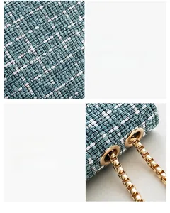 Detail of blue and white tweed fabric texture with gold metal eyelets and chain strap