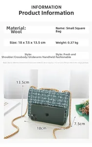 Size chart showing 18x13.5x7.5 cm dimensions for plaid tweed chain shoulder bag