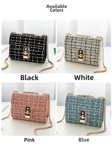 Selection of four tweed chain bags in black, white, pink, and blue with gold hardware