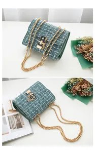 Detail of teal tweed woven crossbody bag with gold square lock and elegant chain strap