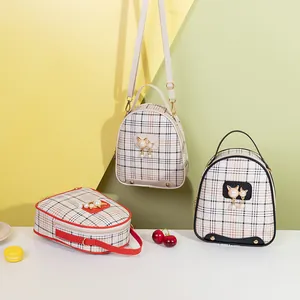 Mini Plaid Backpack For Women Fashion PU Leather Crossbody Bag With Artificial Pearl Cat Ear Decor Multi-Way Travel Phone Bag For Girls