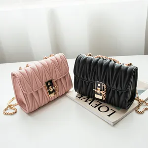 Women's Quilted Pleated Shoulder Bag Gold Chain Strap Fashion PU Leather Crossbody Bag Small Square Handbag For Women