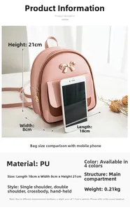 Mini mochila de mujer en cuero PU rosa y marrón con lazo dorado y medidas exactas