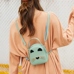 Mint green cat shaped leather mini backpack with golden cat whiskers for women