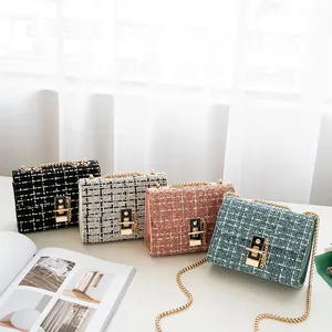 Women's Vintage Tweed Crossbody Bag Elegant Chain Shoulder Bag Small Square Flip Bag With Metal Lock Closure Fashion Gift