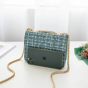 Contrast tweed chain square bag in blue and white with gold strap and vintage look