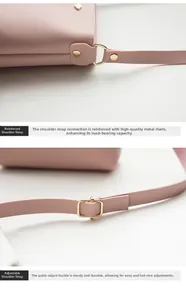 Detail of pink crossbody bag showing gold rivets reinforcement and adjustable strap buckle