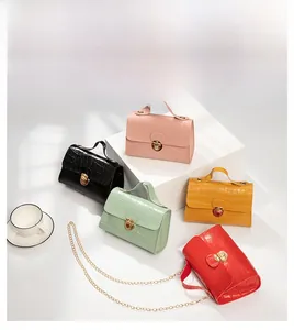 Collection of small crocodile pattern handbags in five colors with gold chain straps