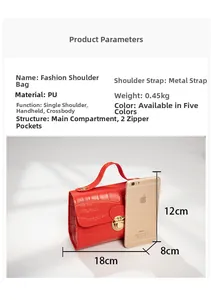 Detail of red crocodile pattern PU leather bag showing 18x12x8cm size with iPhone scale