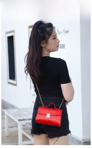 Chic red crocodile pattern mini bag with gold chain strap shown on a model