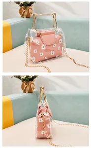 Detail of pink daisy print inside transparent PVC bag with gold cat-ear handles