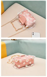 Detail of pink daisy print inner bag and transparent PVC outer shell with cat handle