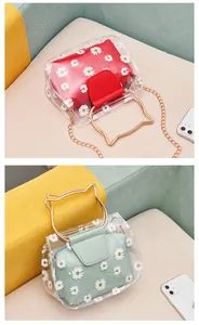 Detail of transparent PVC daisy bag with gold cat ear handle and metal chain strap