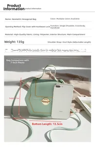 Detailed size chart and mint green hexagonal bag with dimensions 17x13.5x6.5cm