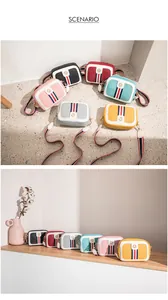 Detailed group view of crossbody camera bags in six colors with stylish striped straps