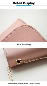 Dettaglio della borsa in pelle rosa con cuciture rifinite e occhielli in metallo dorato