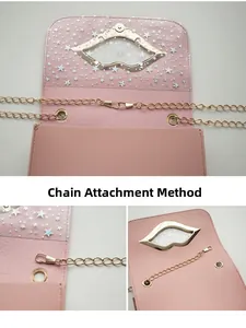Dettaglio della borsa rosa con catena dorata e patta trasparente con motivo a stelle
