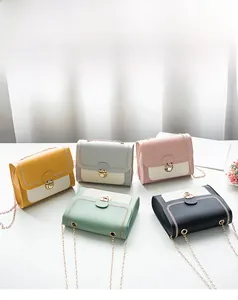 Detail showing five color variants of stylish chain crossbody bags with metal clasps