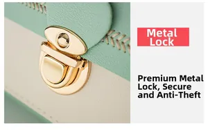 Detail of a mint green crossbody bag with a secure gold metal lock and contrast stitching