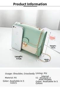 Detail view of mint green chain bag showing 17x5x14cm size comparison with a phone