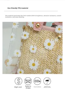 Détail d'un sac seau tissé avec imprimé marguerites, revêtement TPU et bordure rose