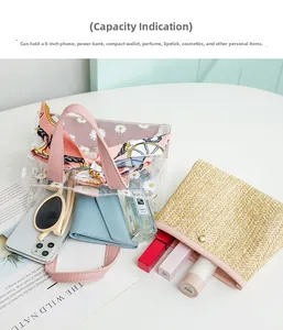 Vue à plat du sac seau en PVC transparent avec pochette intérieure et objets essentiels
