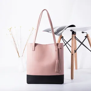 Damen Mode PU Leder Tragetasche Große Kapazität Kontrastfarbe Umhängetasche Mit Quaste Lässige Einkaufstasche Für Den Alltag