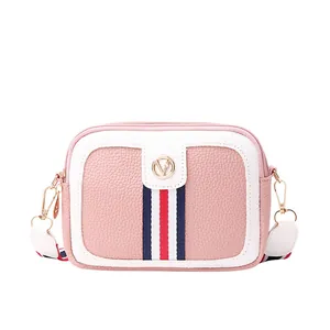 Pink and white color-block leather camera bag with striped ribbon and gold V logo