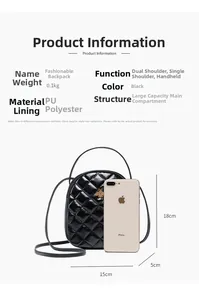 Detail view of black quilted mini backpack with golden bee hardware and dimensions 15x5x18cm