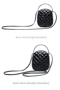 Detail showing the back of the black quilted backpack with dual-use shoulder strap options