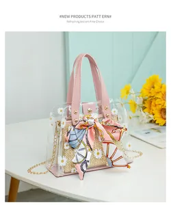 Détail du sac seau en PVC transparent avec imprimé marguerite et pochette en paille