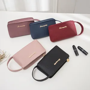 Women Fashion Litchi Pattern PU Leather Wristlet Handbag Small Phone Pouch Coin Purse With Metal Letter Logo Zip Closure Daily Clutch