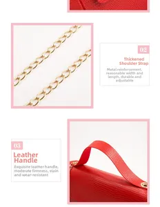 Detail of red lizard texture bag with durable gold metal chain and leather handle