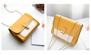 Detail of yellow and beige patchwork crossbody bag with metal lock and chain strap