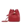 Chic red mini bucket bag for women with drawstring closure and golden round metal buckle