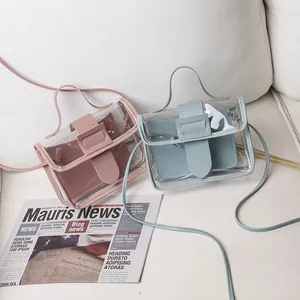 Chic transparent PVC mini handbags with pink and blue leather inserts and straps