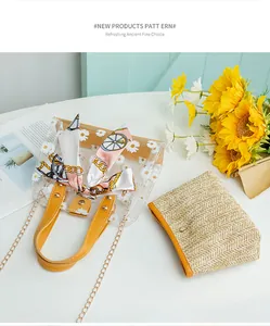 Détail du sac seau en PVC transparent avec imprimé marguerites et foulard en soie