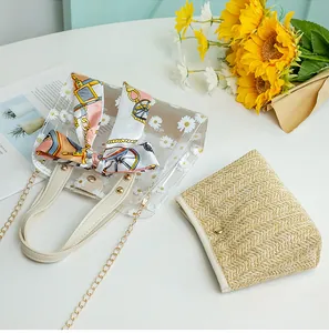 Vue détaillée d'un sac transparent en PVC à fleurs avec foulard et pochette en paille