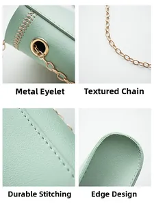 Detail view of green leather bag showing hardware eyelet, textured chain, and sturdy stitching
