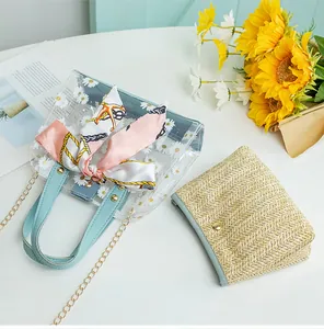 Détail du sac seau transparent en PVC à fleurs avec bordure bleue et pochette en paille